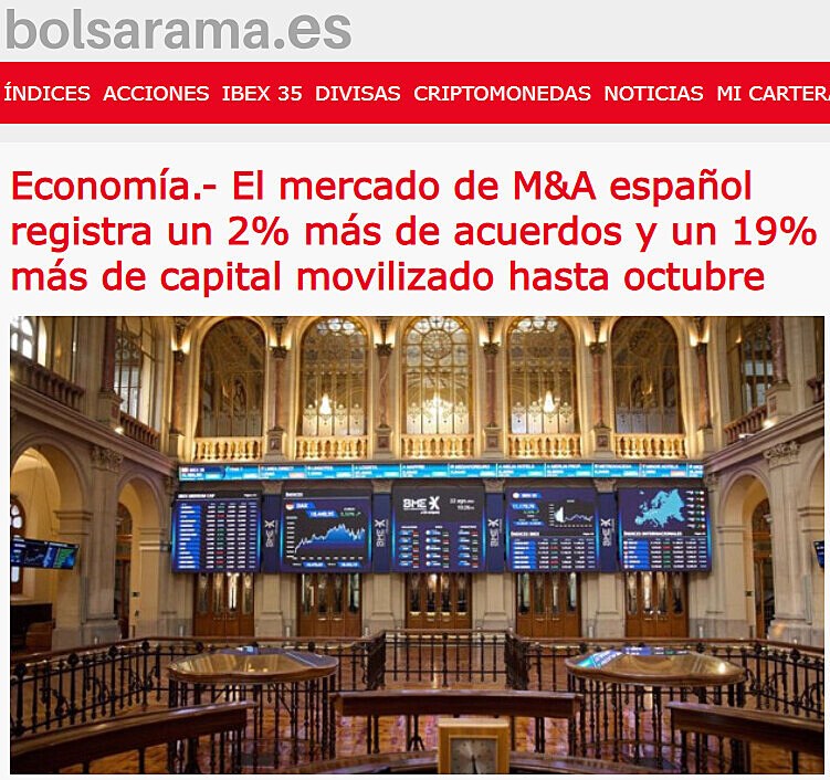 Economa.- El mercado de M&A espaol registra un 2% ms de acuerdos y un 19% ms de capital movilizado hasta octubre